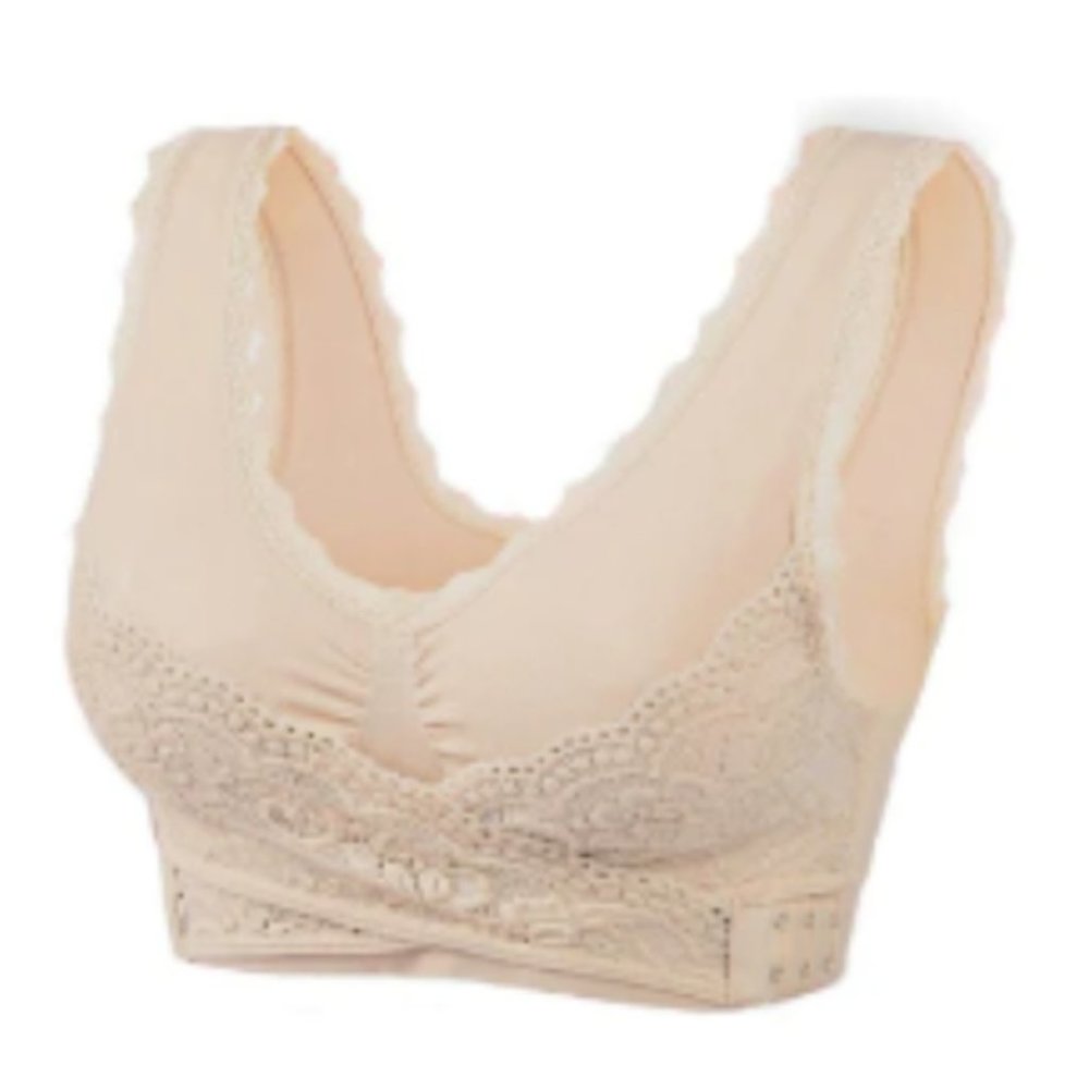 Kendally Comfy Corset Bra Front Cross Side Buckle Soft Lace Beige Size XL
